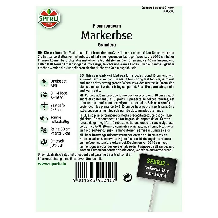 Sperli Gemüsesamen Markerbse - Pisum sativum, Erntezeit: Juni - Rückansicht