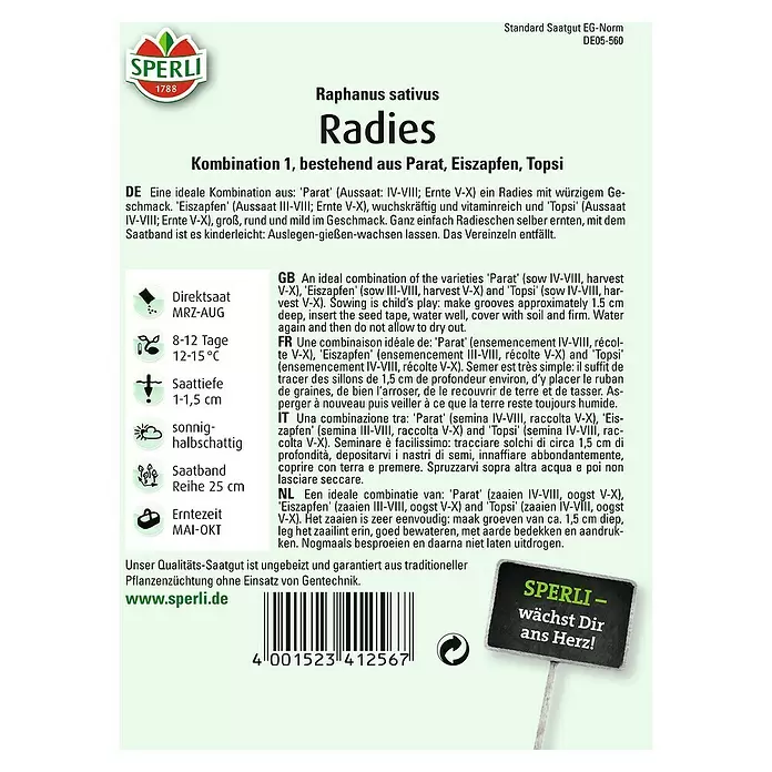 Sperli Gemüsesamen Radies - Kombination I, Raphanus sativus, Erntezeit: Mai - Rückansicht