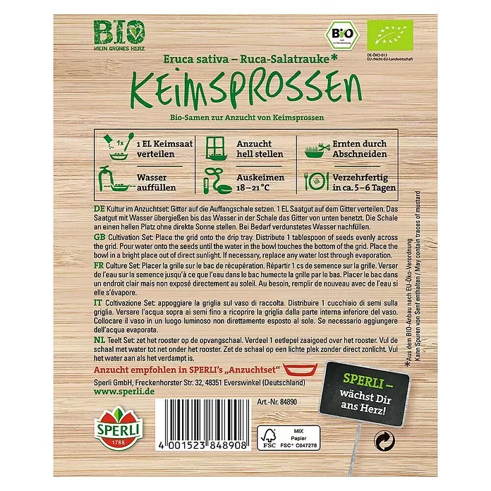 Sperli Salatsamen Bio-Keimsprossen Ruca-Salatrauke - Eruca sativa, Erntezeit: Ganzjährig - Rückansicht