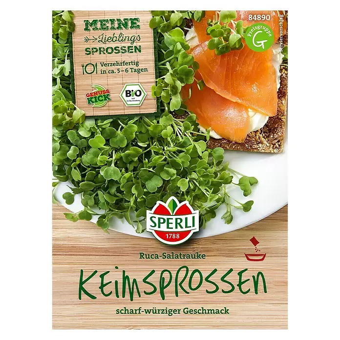 Sperli Salatsamen Bio-Keimsprossen Ruca-Salatrauke - Eruca sativa, Erntezeit: Ganzjährig - Vorderansicht