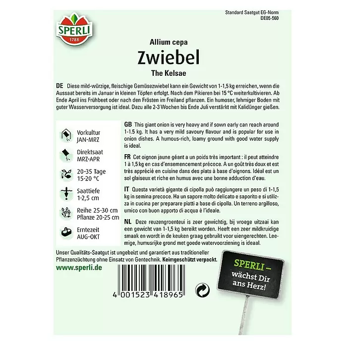 Sperli Gemüsesamen Zwiebel - Allium cepa, Erntezeit: September - Rückansicht