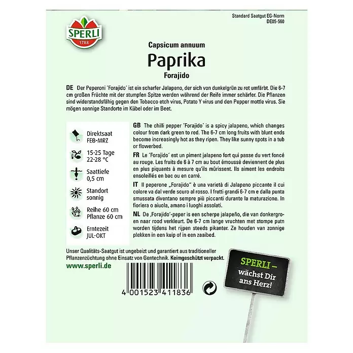 Sperli Gemüsesamen Paprika - Forajido, Capsicum annuum, Erntezeit: Juli - Rückansicht