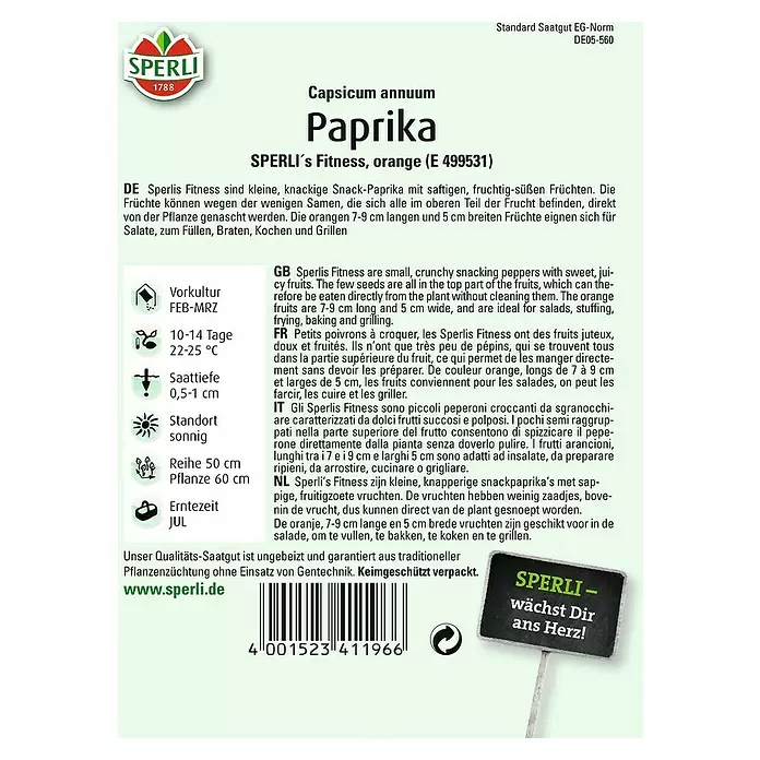 Sperli Gemüsesamen Paprika - Fitness Orange, Capsicum annuum, Erntezeit: Juli - Rückansicht