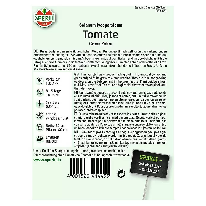 Sperli Gemüsesamen Tomate - Green Zebra, Solanum lycopersicum, Erntezeit: Juli - Rückansicht