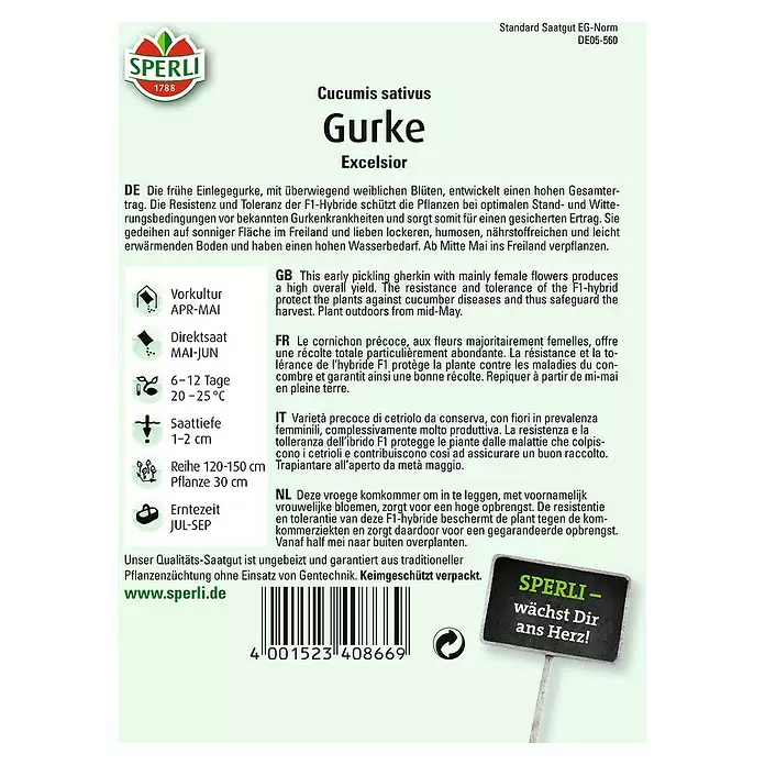 Sperli Gemüsesamen Einlegegurke - Excelsior, Cucumis sativus, Erntezeit: Juli - Rückansicht