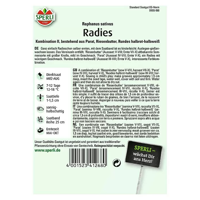 Sperli Gemüsesamen Radies - Kombination II, Raphanus sativus, Erntezeit: Mai - Rückansicht