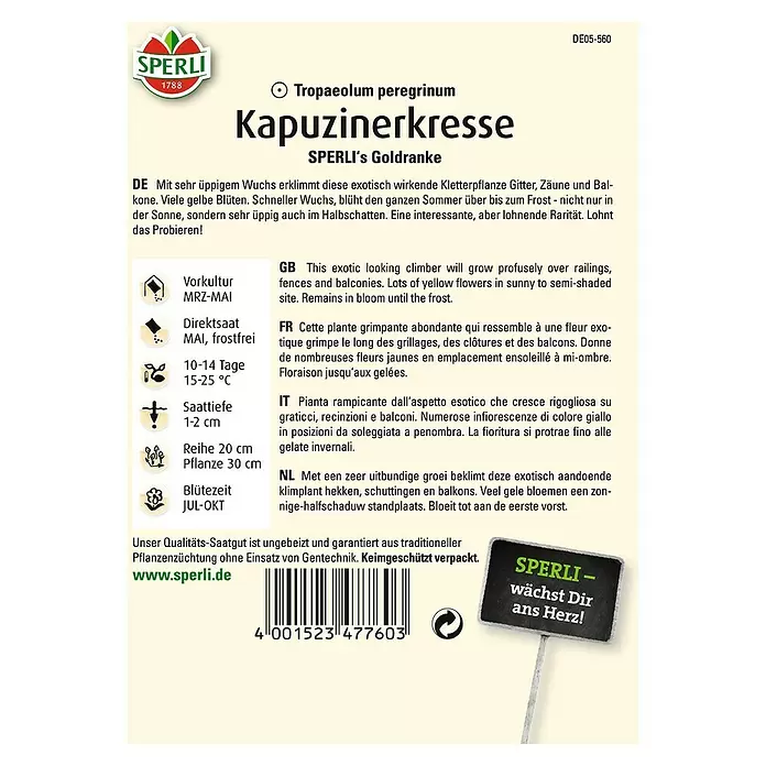 Sperli Kräutersamen Kapuzinerkresse - Tropaeolum peregrinum, Saatzeit: Mai - Rückansicht