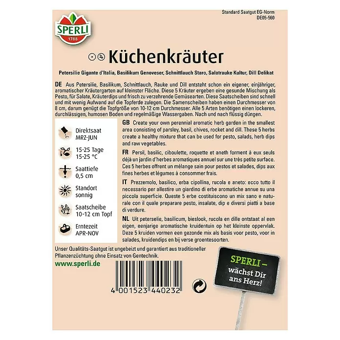 Sperli Kräutersamen Küchen-Kombi - Verschiedene Sorten, Saatzeit: März, Erntezeit: April - Rückansicht
