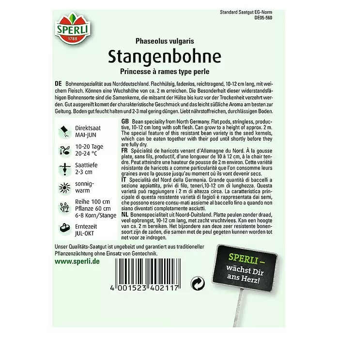 Sperli Gemüsesamen Stangenbohne - Princess à rames type perle, Phaseolus vulgaris, Erntezeit: Juli - Rückansicht