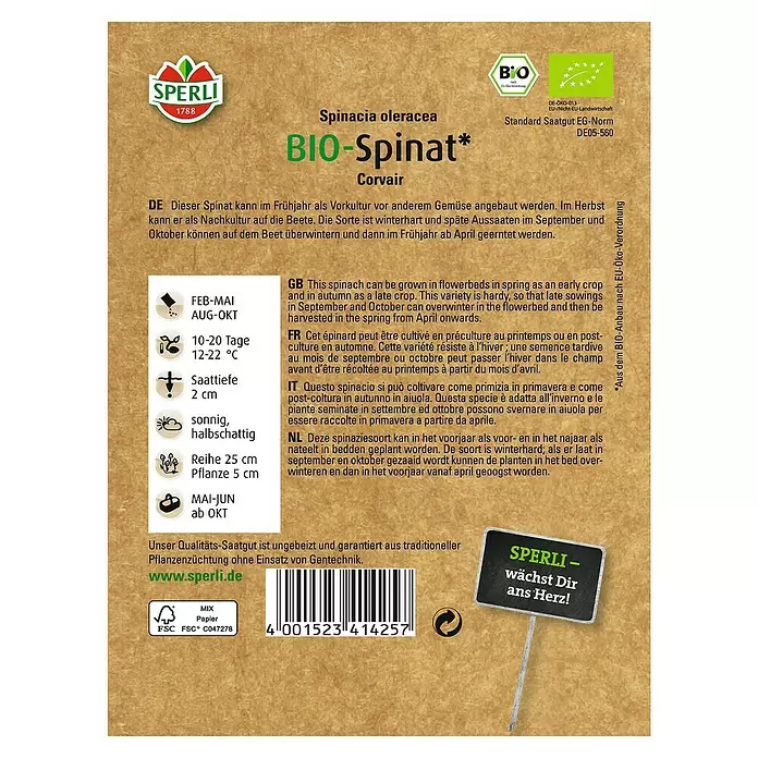 Sperli Gemüsesamen Spinat - Spinacia oleracea, Erntezeit: Mai - Rückansicht
