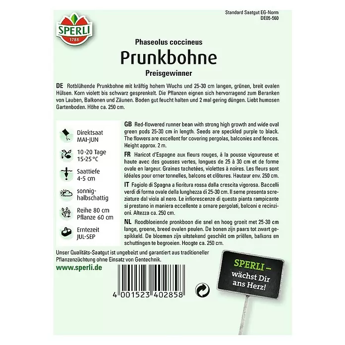 Sperli Gemüsesamen Prunkbohne - Preisgewinner, Phaseolus coccineus, Erntezeit: Juli - Rückansicht