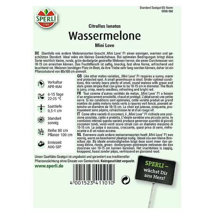 Sperli Obstsamen Wassermelone - Citrullus lanatus, Erntezeit: August - Rückansicht