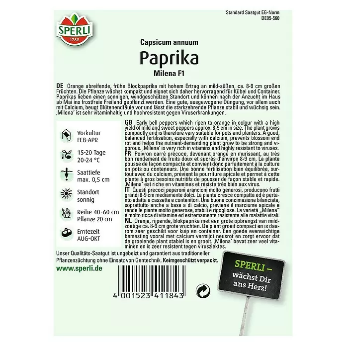 Sperli Gemüsesamen Paprika - Milena, Capsicum annuum, Erntezeit: August - Rückansicht