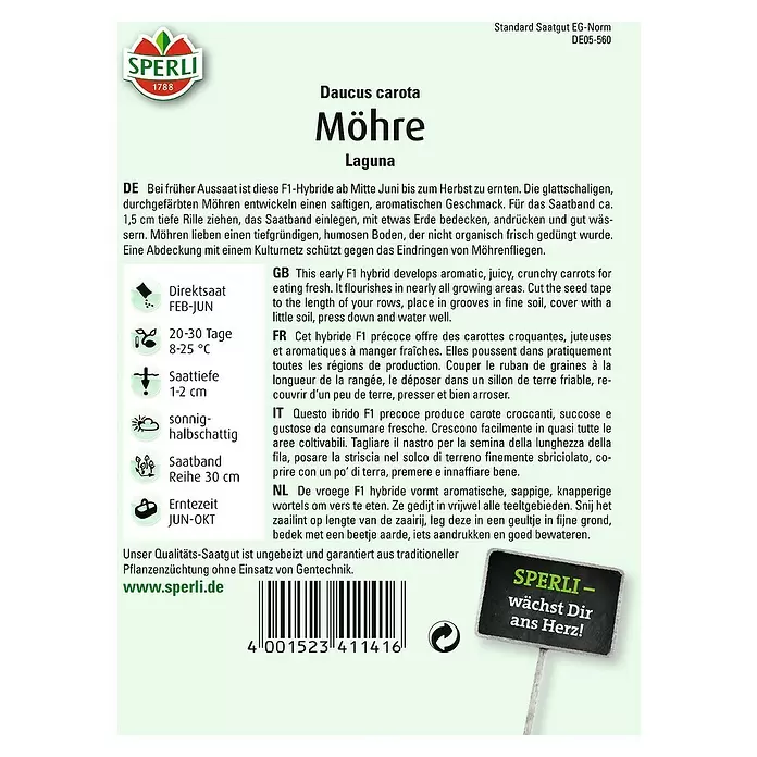 Sperli Gemüsesamen Möhre - Laguna - Saatband, Daucus carota, Erntezeit: Juni - Rückansicht