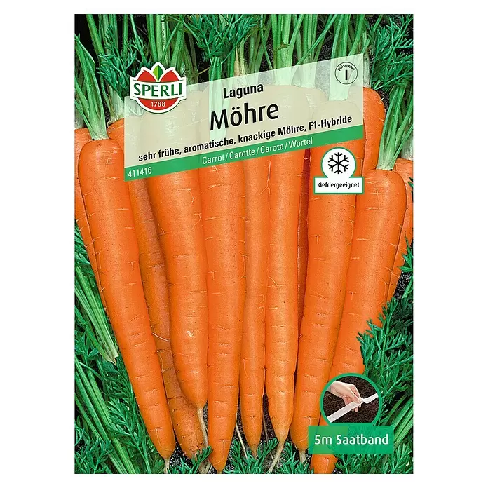 Sperli Gemüsesamen Möhre - Laguna - Saatband, Daucus carota, Erntezeit: Juni - Vorderansicht