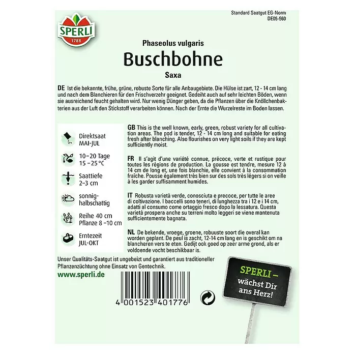 Sperli Gemüsesamen Buschbohne - Saxa, Phaseolus vulgaris var. nanus, Erntezeit: Juli - Rückansicht