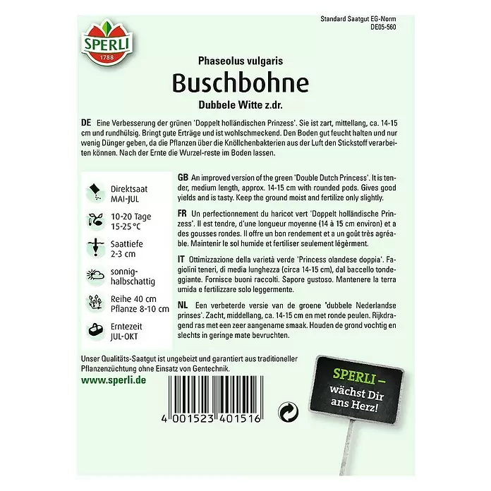 Sperli Gemüsesamen Buschbohne - Dubbele Witte, Phaseolus vulgaris var. nanus, Erntezeit: Juli - Rückansicht