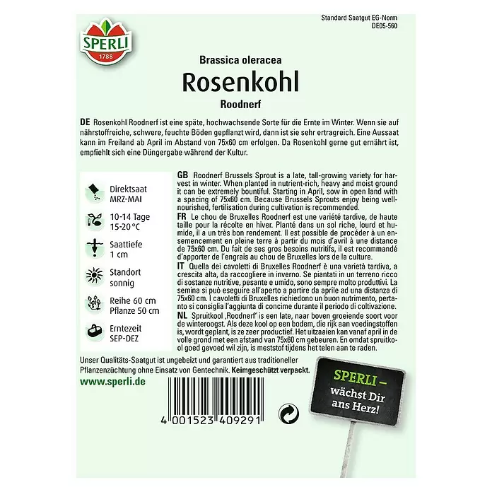 Sperli Gemüsesamen Rosenkohl - Brassica oleracea var. gemmifera, Erntezeit: September - Rückansicht
