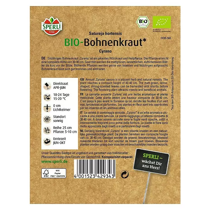 Sperli Kräutersamen Bio Bohnenkraut Cyrano - Satureja hortensis, Saatzeit: April, Erntezeit: Juni - Rückansicht