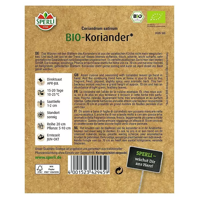 Sperli Kräutersamen Bio Koriander - Coriandrum sativum, Saatzeit: April, Erntezeit: Juni - Rückansicht