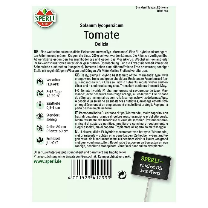 Sperli Gemüsesamen Tomate - Delizia, Solanum lycopersicum, Erntezeit: Juli - Rückansicht