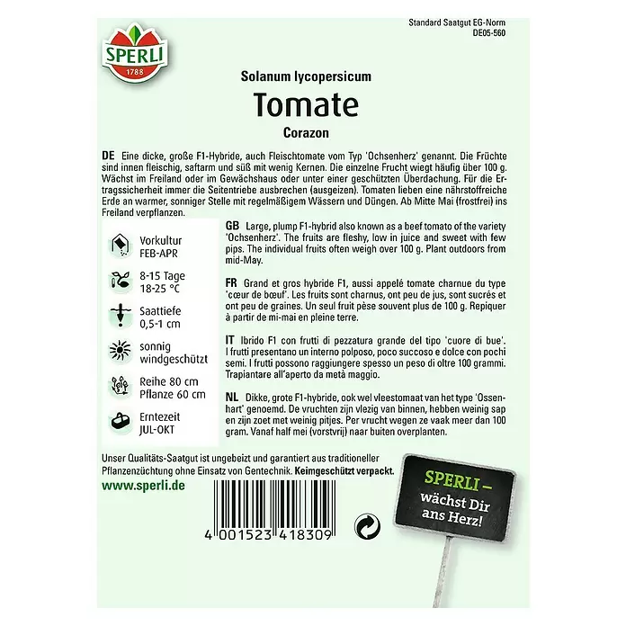 Sperli Gemüsesamen Tomate - Corazon, Solanum lycopersicum, Erntezeit: Juli - Rückansicht