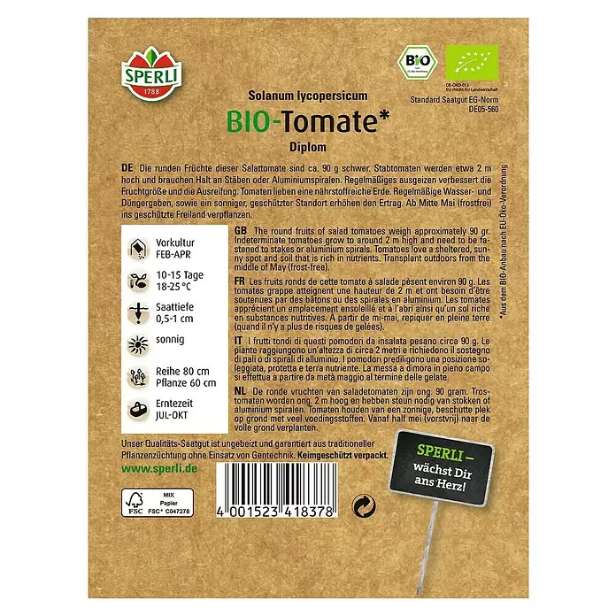 Sperli Gemüsesamen Tomate - Diplom, Solanum lycopersicum, Erntezeit: Juli - Rückansicht