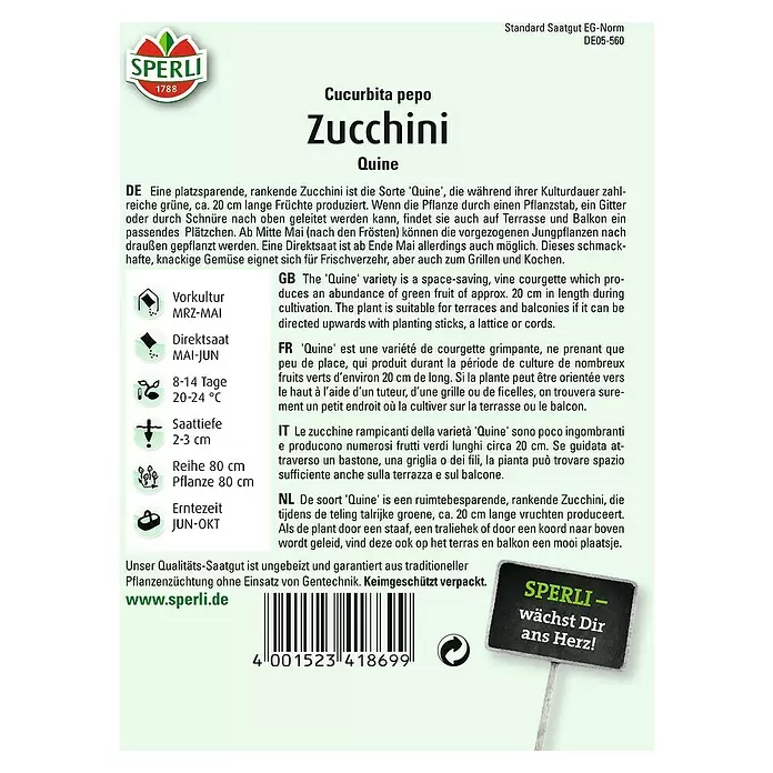 Sperli Gemüsesamen Zucchini - Quine, Cucurbita pepo, Erntezeit: Juni - Rückansicht