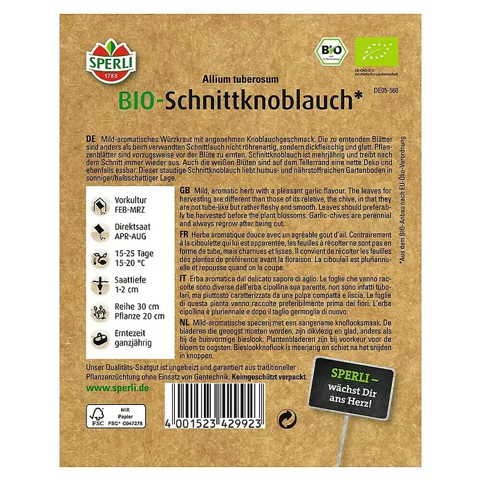 Sperli Kräutersamen Bio Schnittknoblauch - Allium tuberosum, Saatzeit: April, Erntezeit: Ganzjährig - Rückansicht
