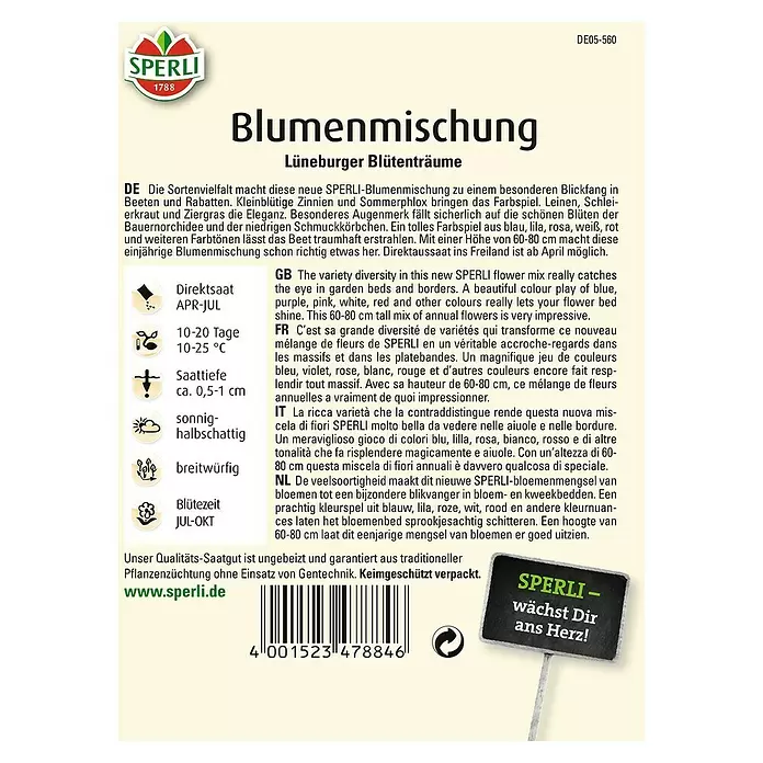 Sperli Blumensamenmischung Lüneburger Blütenträume - Verschiedene Sorten, Mehrfarbig, 3 m² - Rückansicht