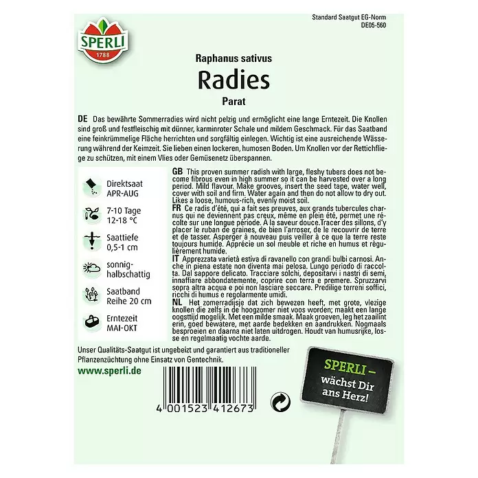 Sperli Gemüsesamen Radies - Parat - Saatband, Raphanus sativus, Erntezeit: Mai - Rückansicht