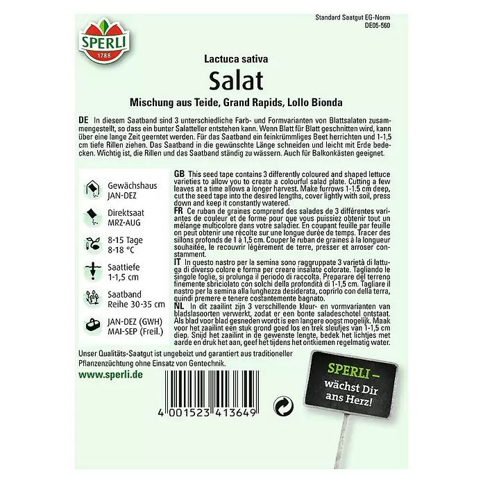 Sperli Salatsamen Pflücksalat - Sortiment Grand Rapi, Lactuca sativa, Erntezeit: Ganzjährig - Rückansicht