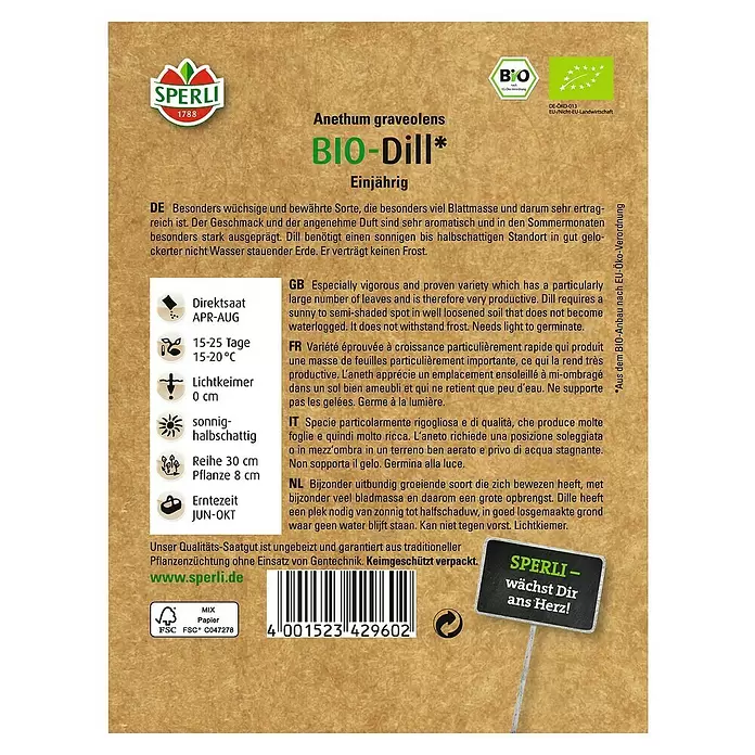 Sperli Kräutersamen Dill - Bio Goldkrone, Anethum graveolens, Saatzeit: April, Erntezeit: Juni - Rückansicht