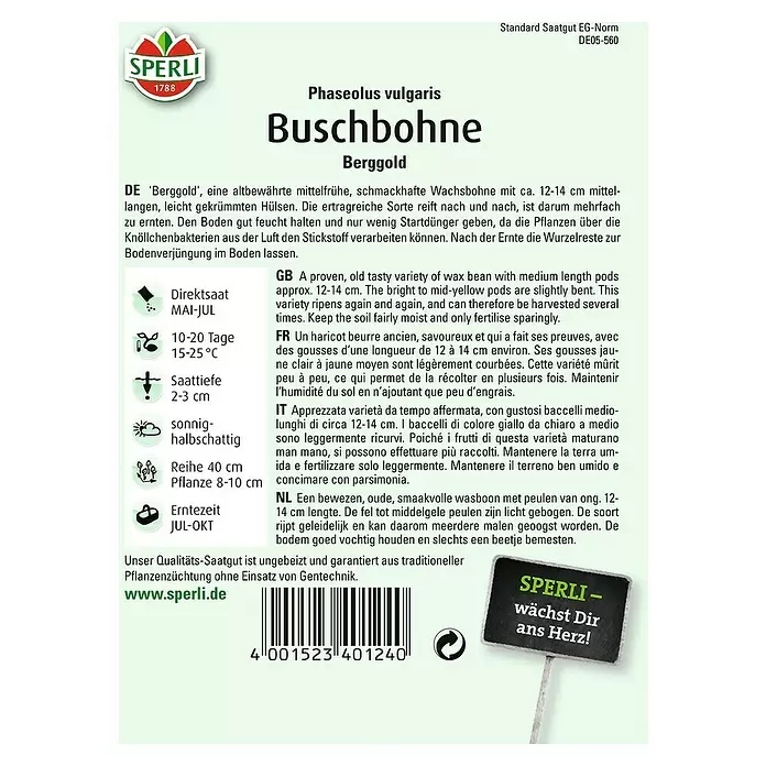 Sperli Gemüsesamen Buschbohne - Berggold, Phaseolus vulgaris var. nanus, Erntezeit: Juli - Rückansicht