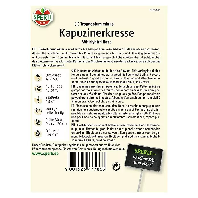 Sperli Kräutersamen Kapuzinerkresse - Whirlybird, Tropaeolum minus, Saatzeit: April - Rückansicht