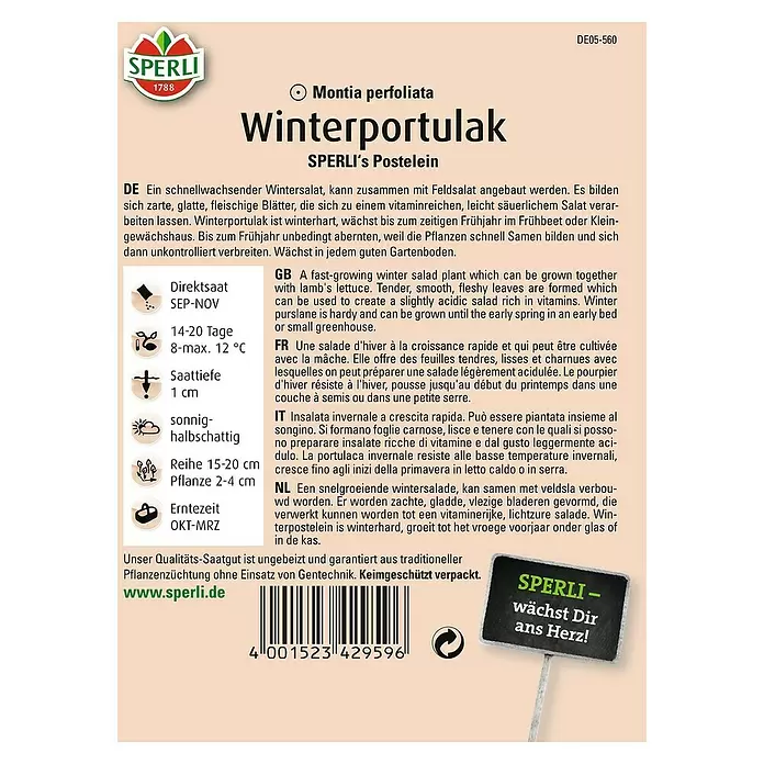 Sperli Gemüsesamen Winterportulak - Montia perfoliata, Erntezeit: März - Rückansicht