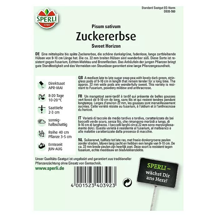 Sperli Gemüsesamen Zuckererbse - Pisum sativum, Erntezeit: Juni - Rückansicht