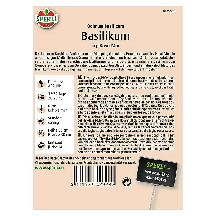 Sperli Kräutersamen Basilikum - Try-Basil-Mix, Ocimum basilicum, Saatzeit: April, Erntezeit: Juni - Rückansicht