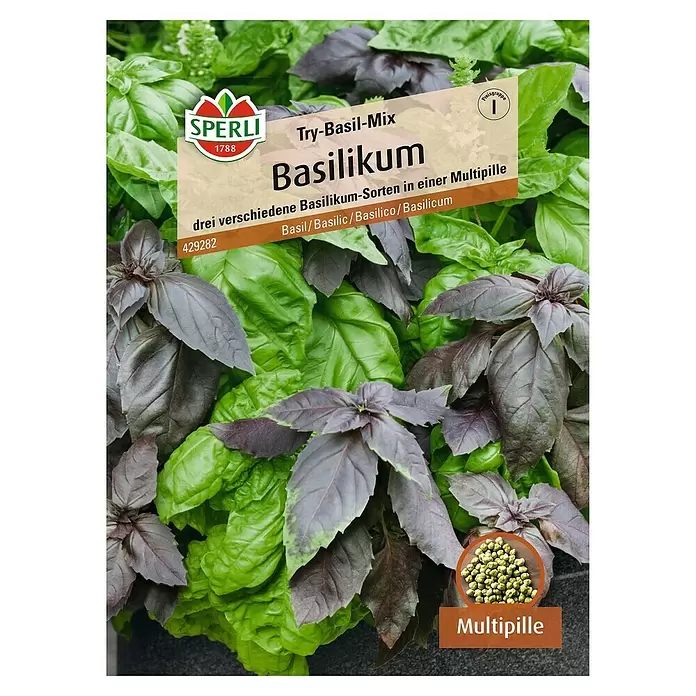 Sperli Kräutersamen Basilikum - Try-Basil-Mix, Ocimum basilicum, Saatzeit: April, Erntezeit: Juni - Vorderansicht