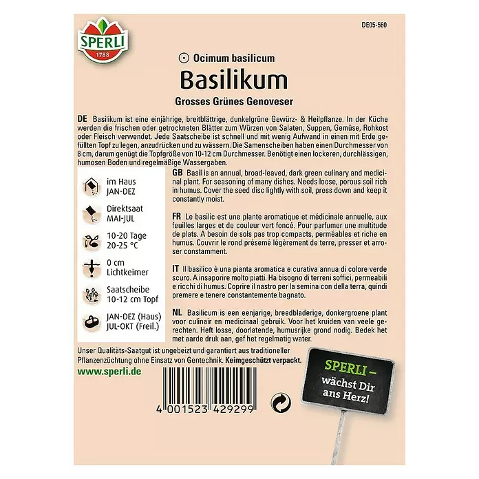 Sperli Kräutersamen Basilikum - Genoveser, Ocimum basilicum, Saatzeit: Mai, Erntezeit: Ganzjährig - Rückansicht