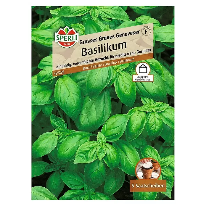 Sperli Kräutersamen Basilikum - Genoveser, Ocimum basilicum, Saatzeit: Mai, Erntezeit: Ganzjährig - Vorderansicht
