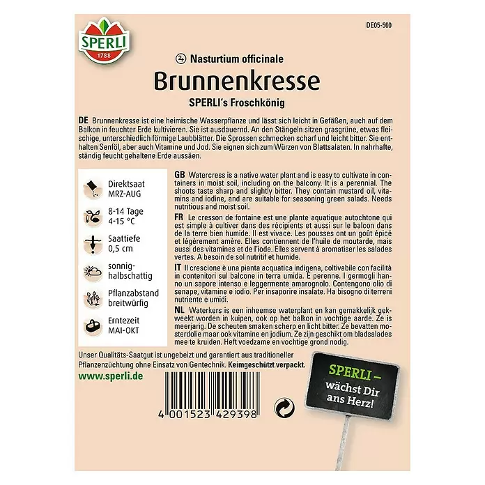 Sperli Kräutersamen Brunnenkresse Sperli's Froschkönig - Nasturtium officinale, Saatzeit: März, Erntezeit: Mai - Rückansicht