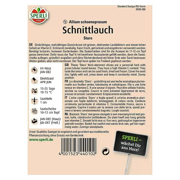 Sperli Kräutersamen Schnittlauch - Staro, Allium schoenoprasum, Saatzeit: April, Erntezeit: Ganzjährig - Rückansicht