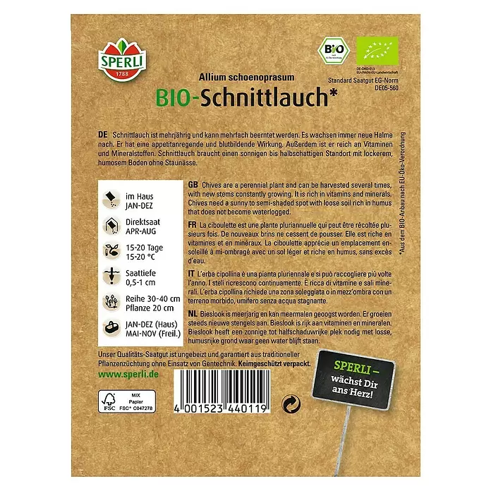 Sperli Kräutersamen Schnittlauch - Bio, Allium schoenoprasum, Saatzeit: April, Erntezeit: Ganzjährig - Rückansicht