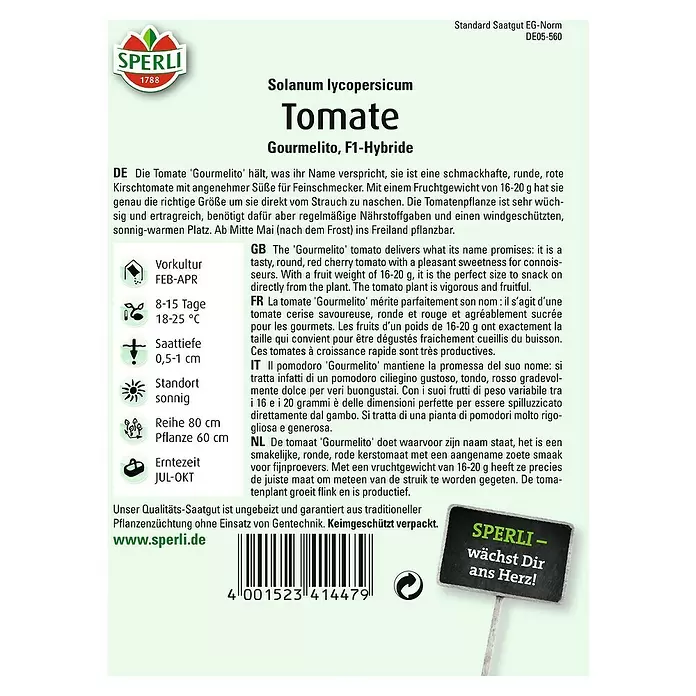 Sperli Gemüsesamen Tomate - Gourmelito, Solanum lycopersicum, Erntezeit: Juli - Rückansicht