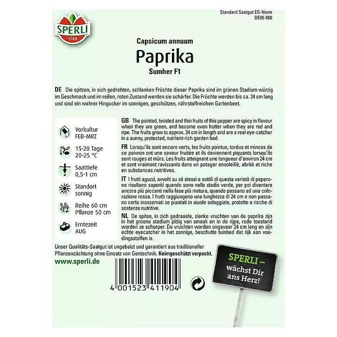 Sperli Gemüsesamen Paprika - Sumher, Capsicum annuum, Erntezeit: August - Rückansicht