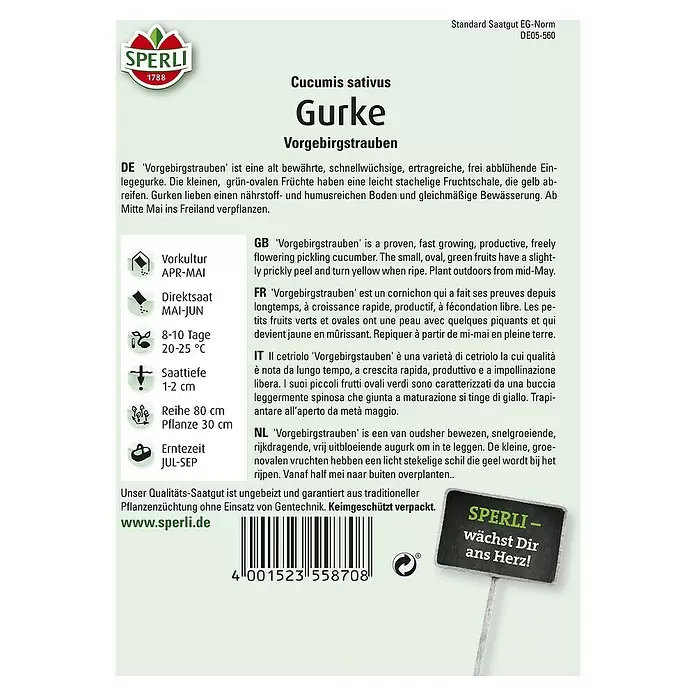 Sperli Gemüsesamen Einlegegurke - Vorgebirgstraube, Cucumis sativus, Erntezeit: Juli - Rückansicht