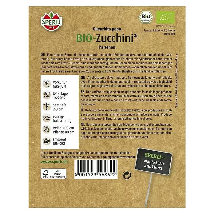 Sperli Gemüsesamen Zucchini - Bio, Erntezeit: Juni - Rückansicht