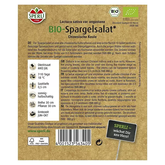 Sperli Salatsamen Bio Salat 'Chinesische Keule' - Lactuca sativa, Erntezeit: Juni - Rückansicht