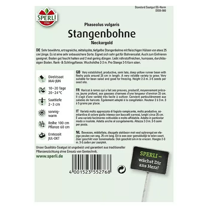 Sperli Gemüsesamen Stangenbohne - Neckargold, Erntezeit: Juli - Rückansicht
